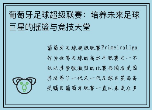 葡萄牙足球超级联赛：培养未来足球巨星的摇篮与竞技天堂